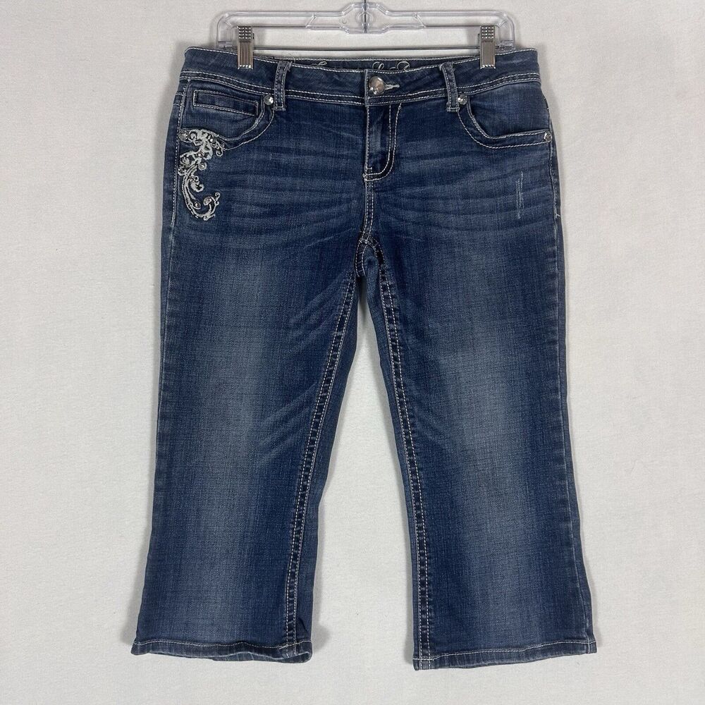 Grace In LA Capri Jeans Womens 11/29 Blue Denim Low Rise Bling Embellished Short